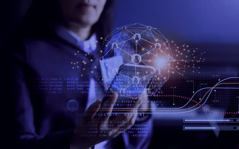 A hand engaging a holographic global partner network overlaid with live delivery metrics, representing the accredited platforms behind every KineticSkunk engagement