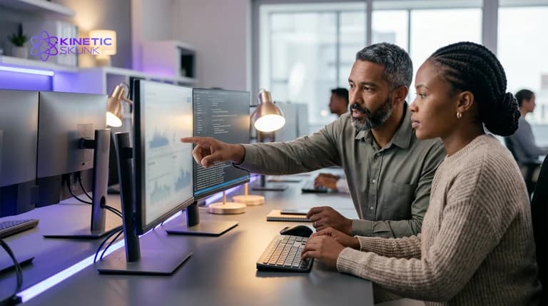 Three engineers reviewing a platform change around a shared workstation