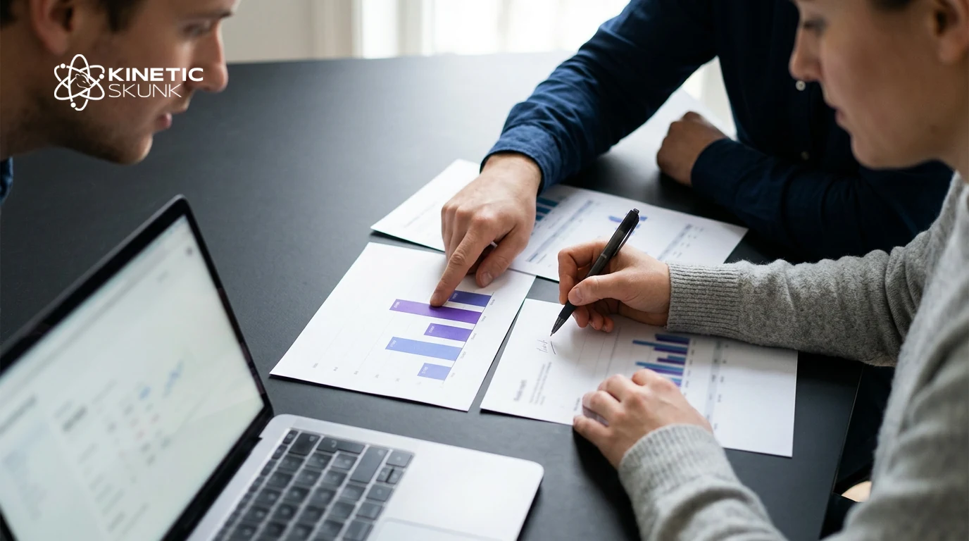 Two colleagues comparing printed charts beside a laptop during a cost review