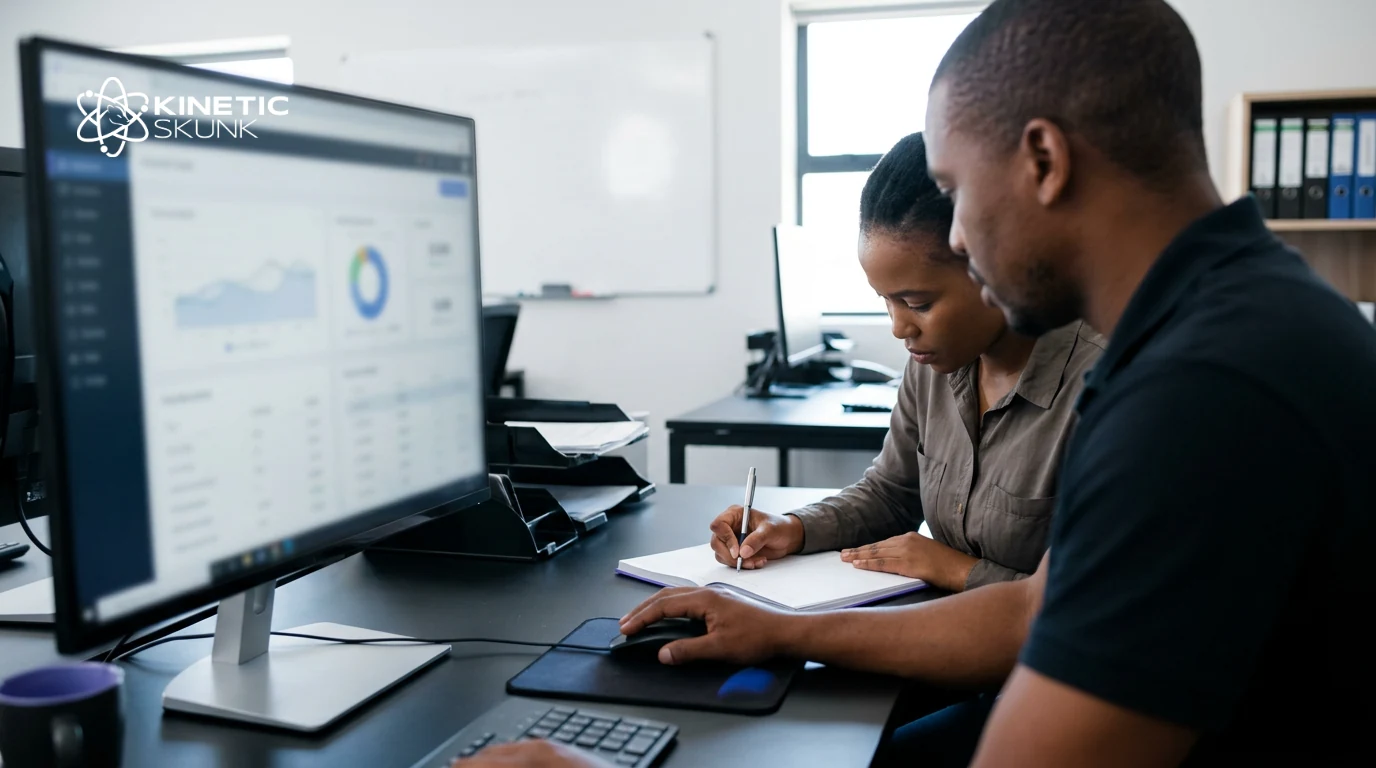 An engineer checking an application while a colleague records recovery exercise results