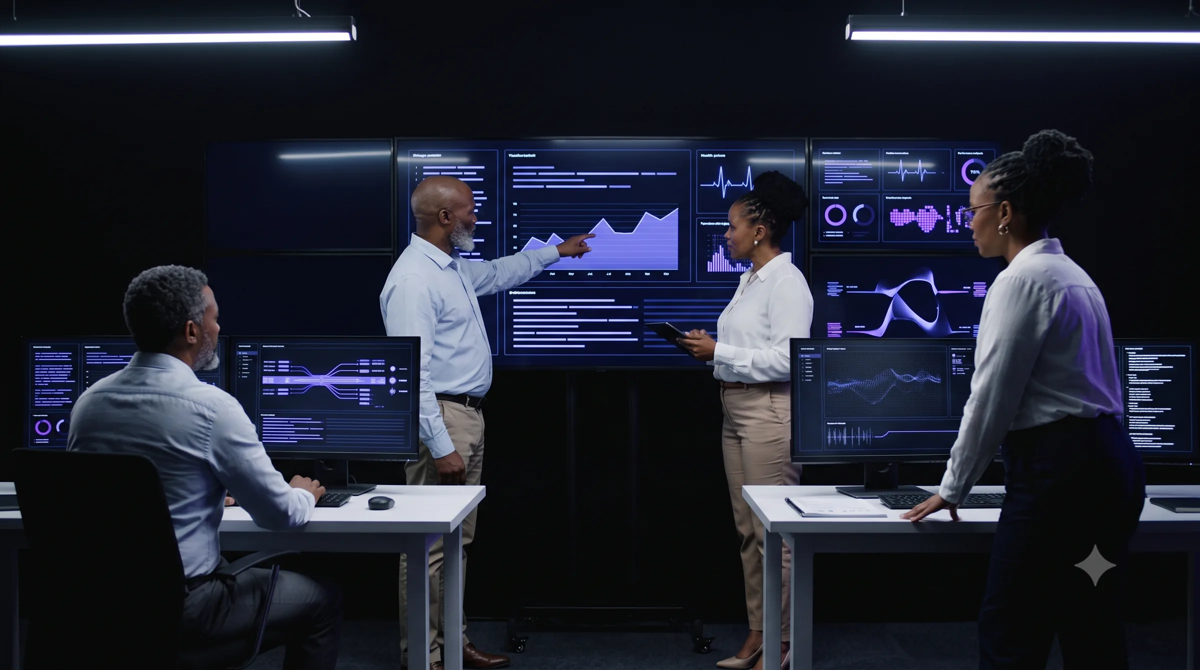 Calm migration control room with a shared runbook, observability dashboards, and named go / no-go decision points