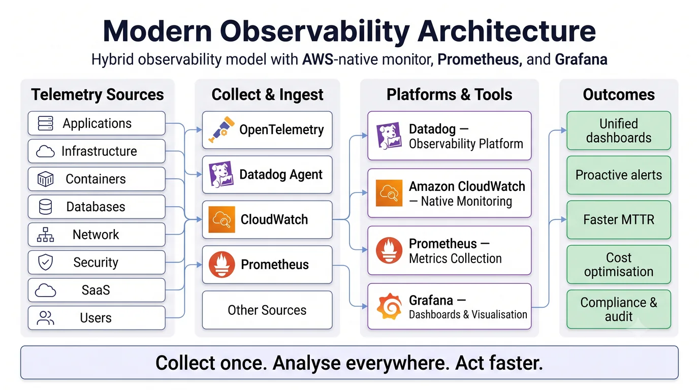 Hybrid observability architecture using OpenTelemetry, CloudWatch, Datadog, Prometheus and Grafana to improve dashboards, alerts and MTTR.