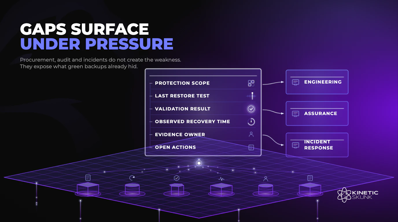 Operational scene showing how customer, audit and leadership pressure expose recovery gaps that already exist behind green Kubernetes backup dashboards
