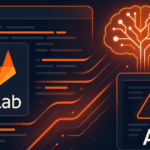 Illustration of AI analyzing code for quality and security inside GitLab, using Kinetic Skunk brand colors.