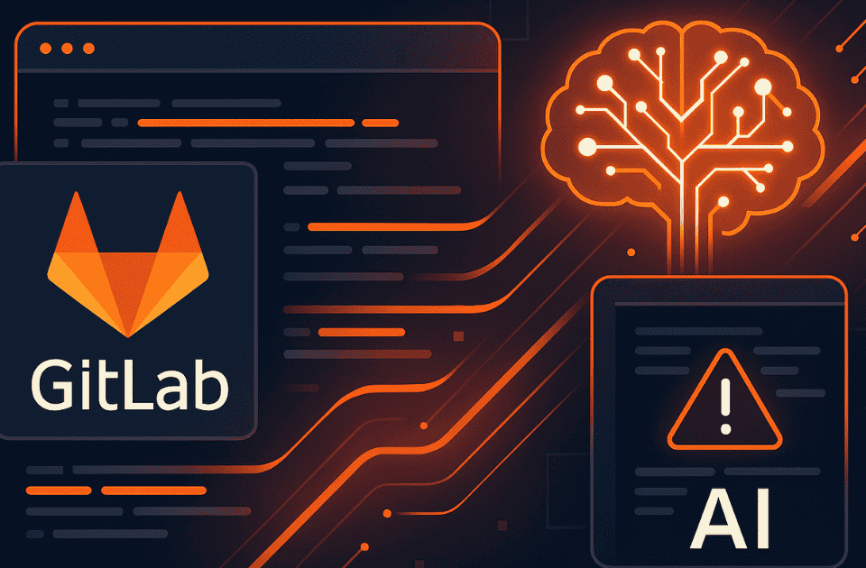 Illustration of AI analyzing code for quality and security inside GitLab, using Kinetic Skunk brand colors.