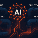Illustration of AI optimizing DevOps pipelines with neural networks and automation, in Kinetic Skunk brand colors.