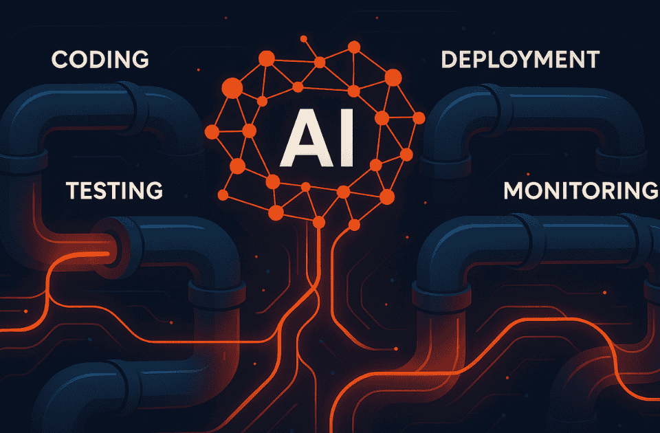 Illustration of AI optimizing DevOps pipelines with neural networks and automation, in Kinetic Skunk brand colors.