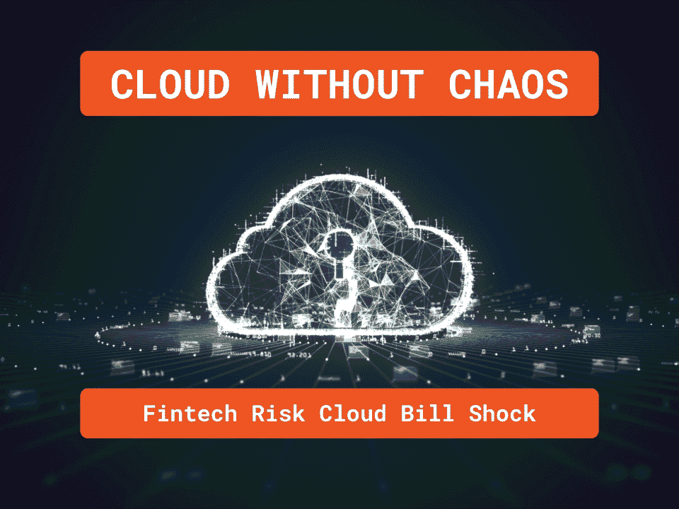 Dark tech grid with a glowing white cloud outline containing a question mark at center, surrounded by scattered data points. An orange pill banner at the top reads “CLOUD WITHOUT CHAOS,” and a second orange banner at the bottom says “Fintech Risk Cloud Bill Shock.”
