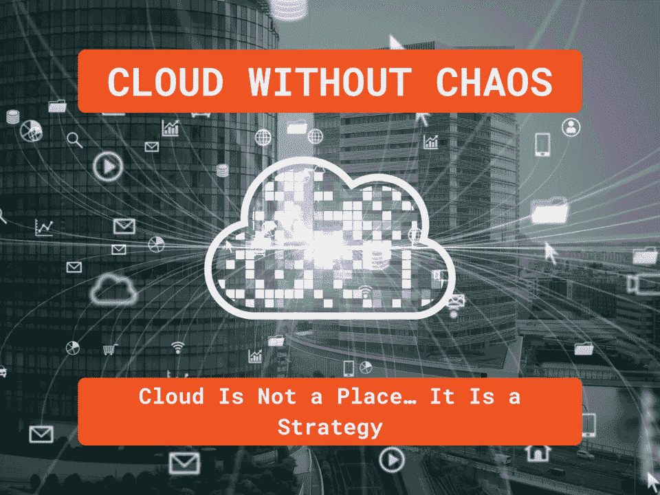 Grayscale city skyline with a bright, outlined cloud at center filled with mosaic squares; data lines and app icons radiate outward. An orange banner reads “CLOUD WITHOUT CHAOS,” and a second orange banner says “Cloud Is Not a Place… It Is a Strategy.”