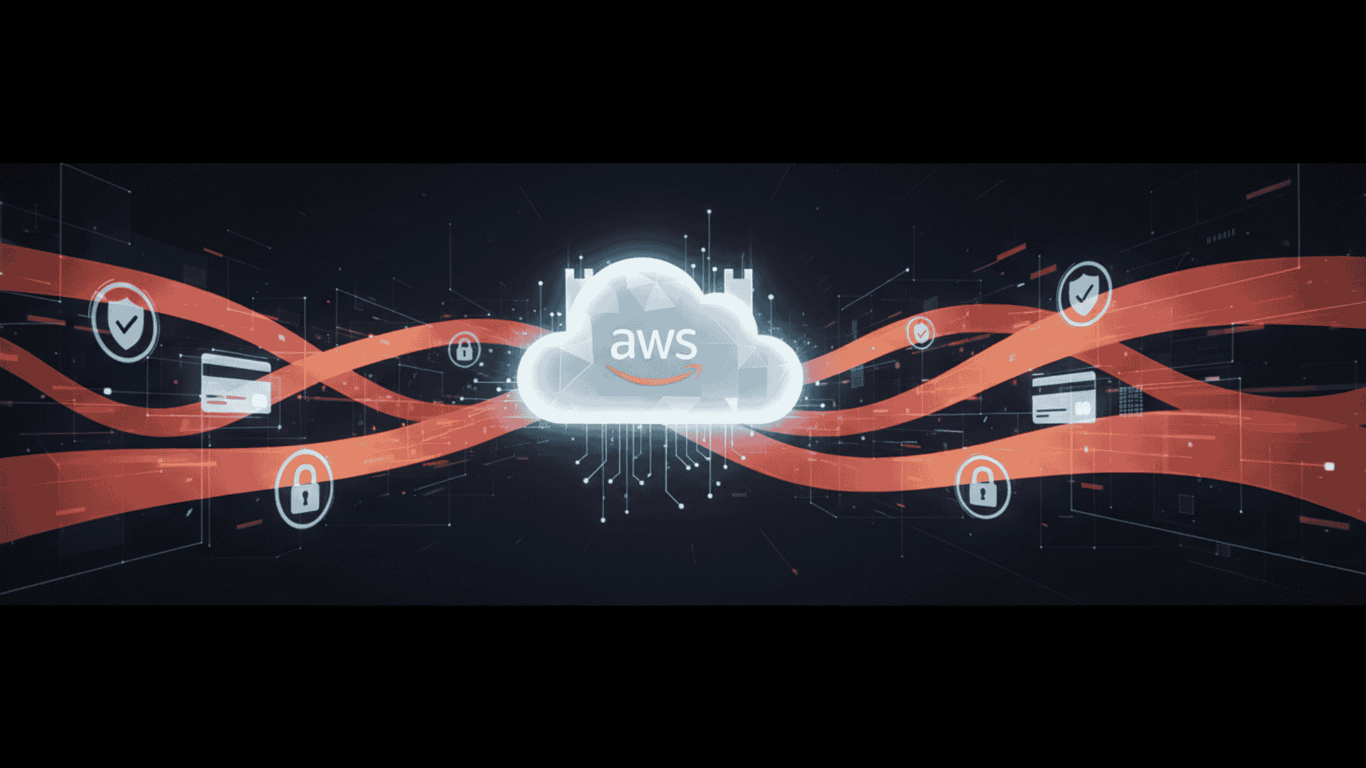 Digital illustration showing an AWS cloud at the center surrounded by glowing orange and coral data streams. Icons of security, compliance, and payments orbit the cloud, symbolizing fintech reliability, customer trust, and seamless migration. The artwork uses Kinetic Skunk’s brand palette of #FF7F08, #F1582A, #28353D, and #FFFFFF.