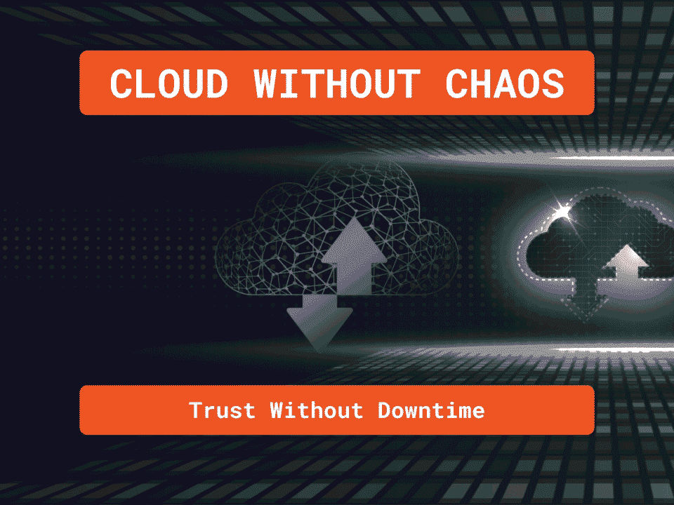 Abstract illustration of two interconnected cloud icons with up and down arrows symbolizing continuous data flow and zero downtime during cloud migration, with the text “Cloud Without Chaos” and “Trust Without Downtime.”
