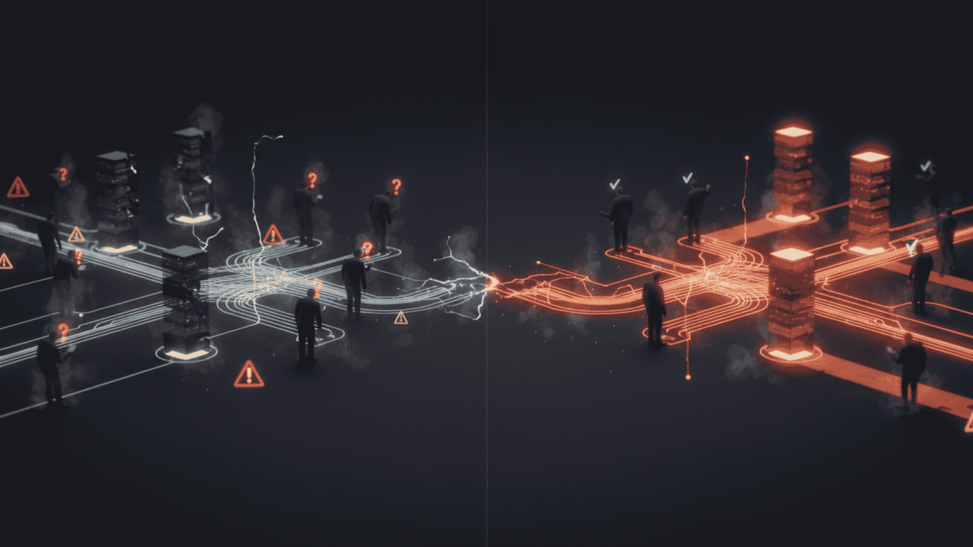 Cinematic illustration of a fintech cloud network showing one side active and glowing with smooth data flow, and the other dark and fragmented, symbolizing how downtime erodes trust during cloud migration. The artwork uses Kinetic Skunk’s brand colours #FF7F08, #F1582A, #28353D, and #FFFFFF.