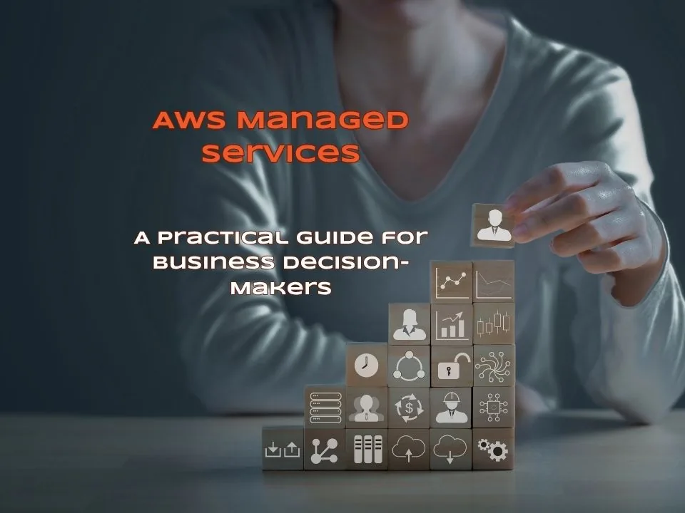 AWS Managed Services guide showing business growth blocks with cloud, security, analytics, and operations icons