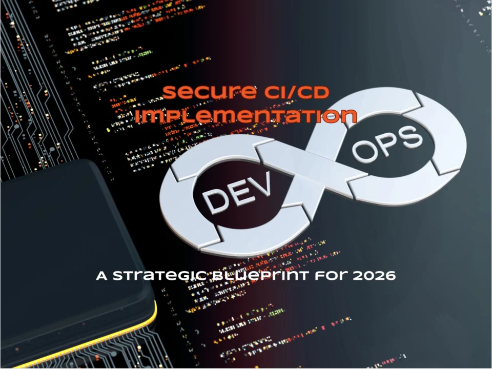 Diagram of a secure CI/CD implementation showing the DevOps infinity loop with build, test, deploy, and security stages connected in a continuous delivery workflow.